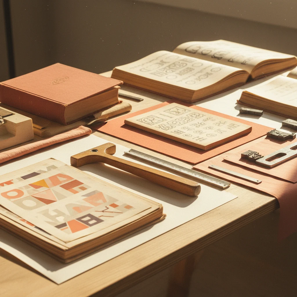 Typografisch materiaal op een lichtvol atelier-bureau, gestapelde proefdrukken en een zethaak
