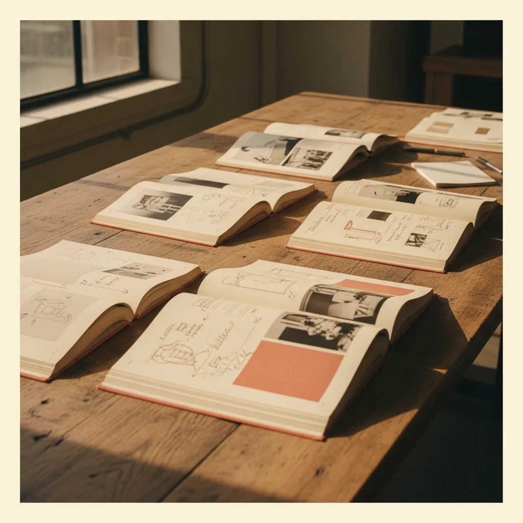 Opengeslagen designboeken op een tafel, pagina's met typografische schema's en handgeschreven aantekeningen