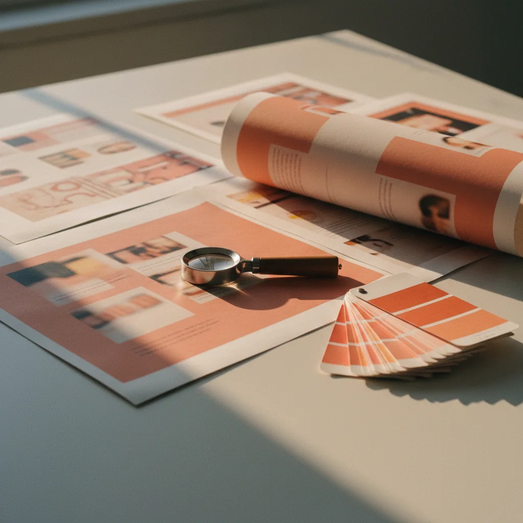Redactietafel met opengeslagen proefdrukken, een loepje en kleurkaarten in warm zijlicht