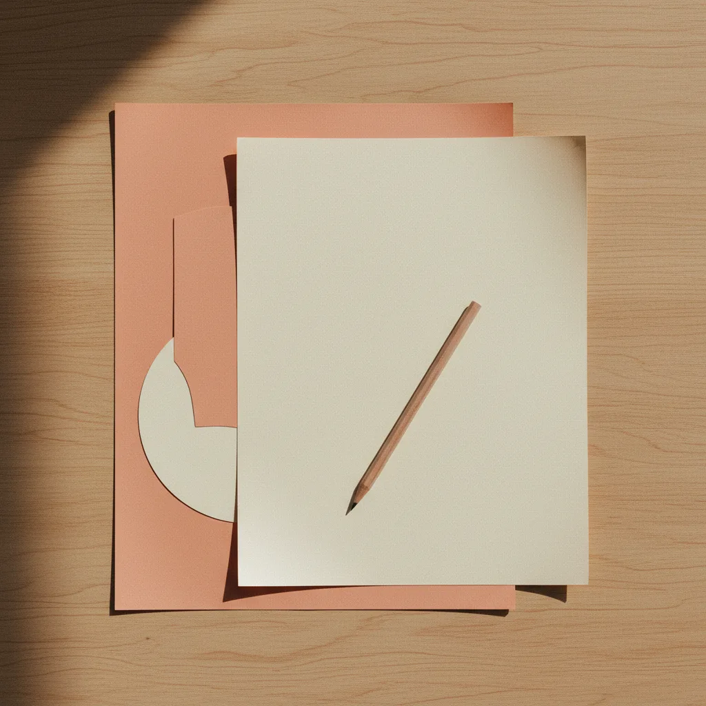 Minimalistische drukwerkopmaak op een warme houten ondergrond, met notitieboekje en grafietpotlood naast een leeg vel