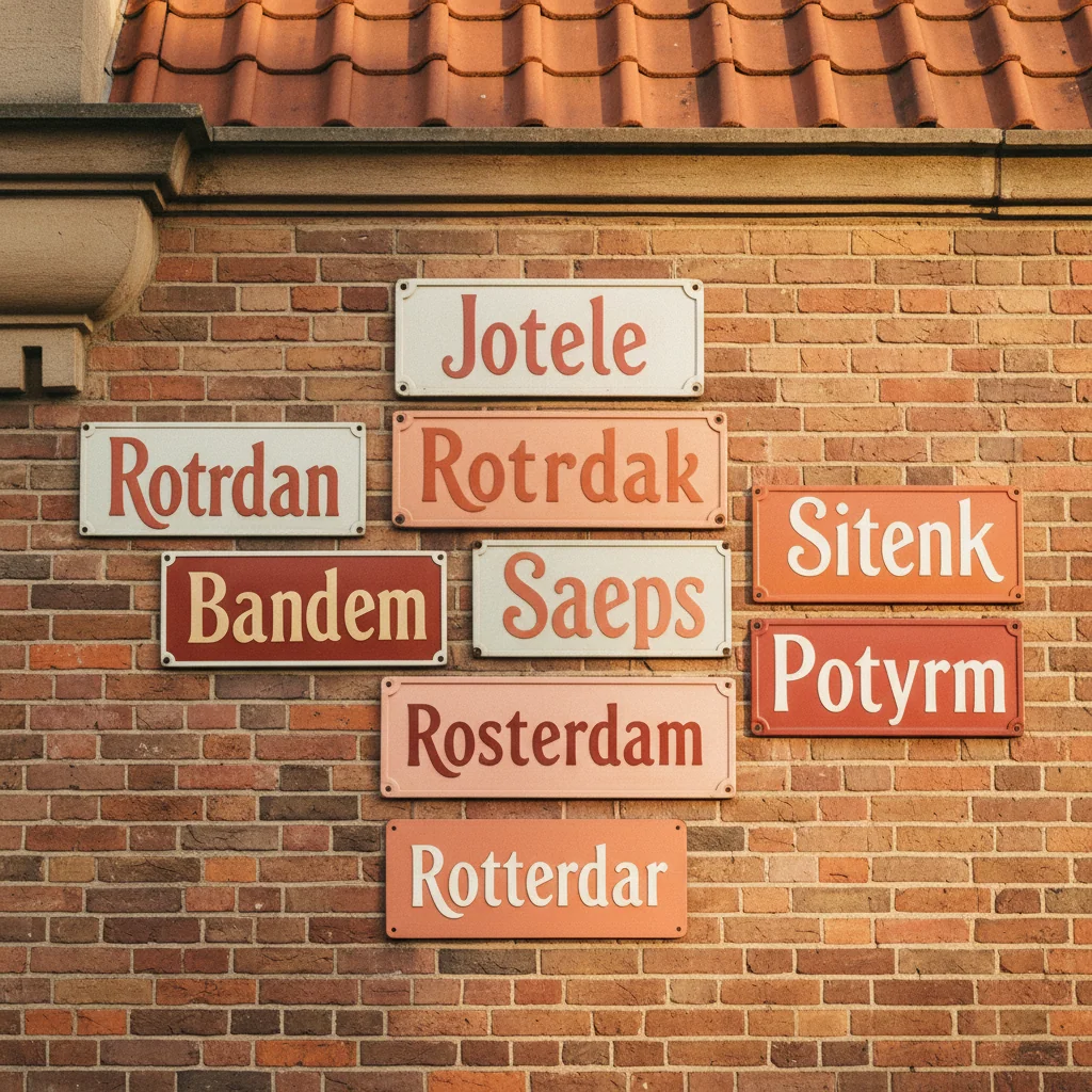 Straatnaamborden in Rotterdam met verschillende lettertypes, gefotografeerd in avondlicht