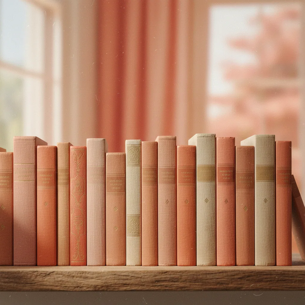 Boekspijnen in warme tinten op een houten plank, titels onleesbaar vaag op de achtergrond