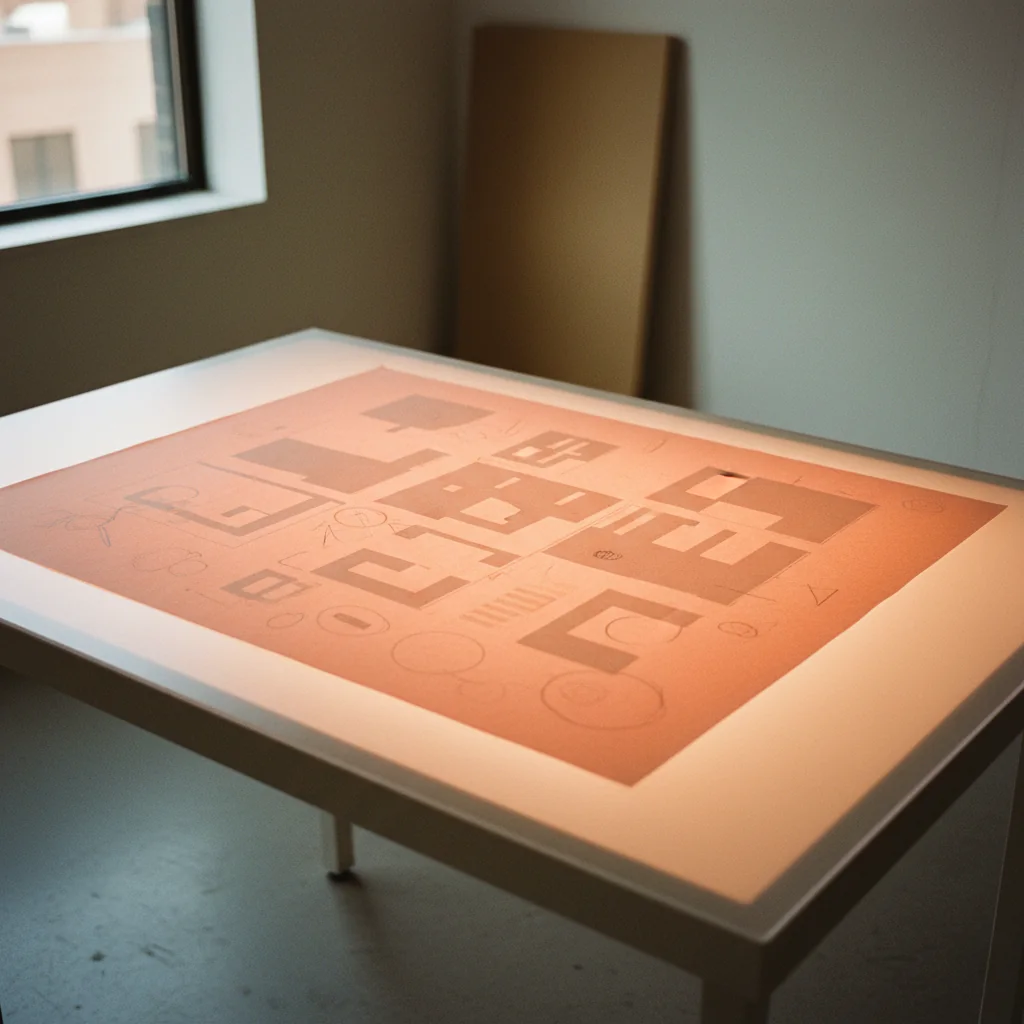 Vel papier met typografische proefdruk op een verlicht lichtbak in een atelier