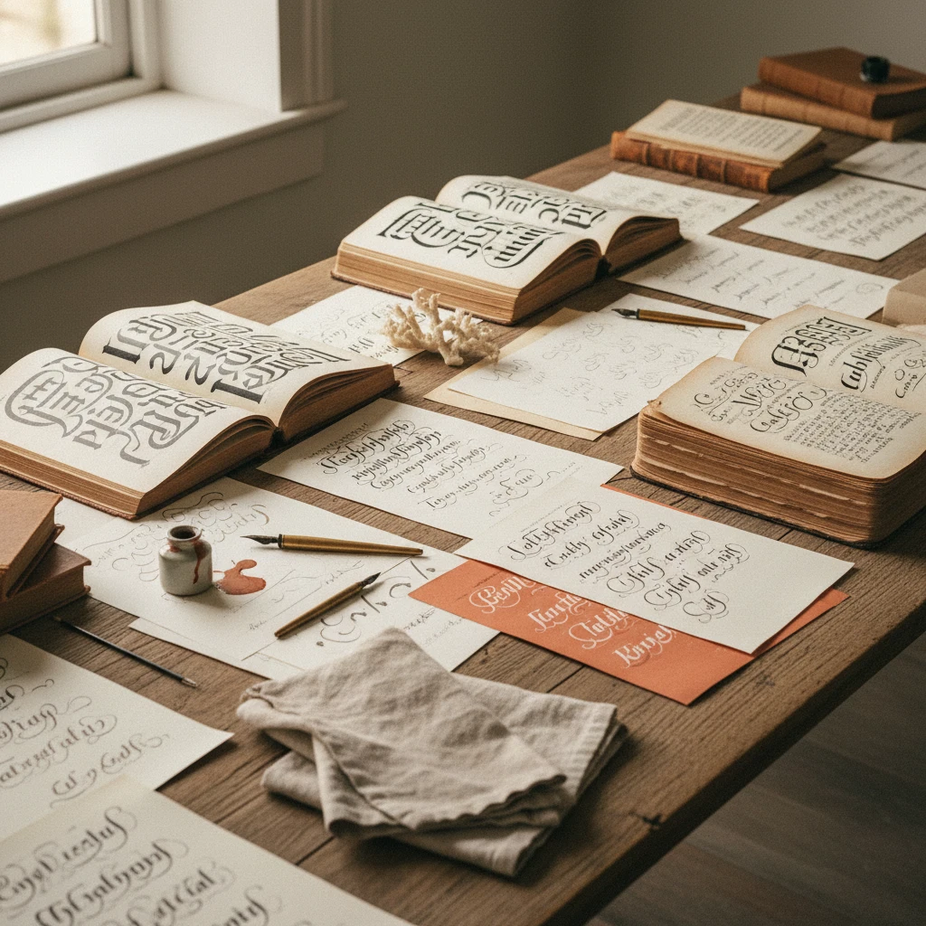 Redactietafel met typografische boeken en kalligrafieproeven uitgespreid in warm namiddaglicht